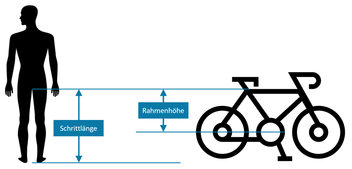 Schrittlänge und Rahmenhöhe Fahrrad im Vergleich